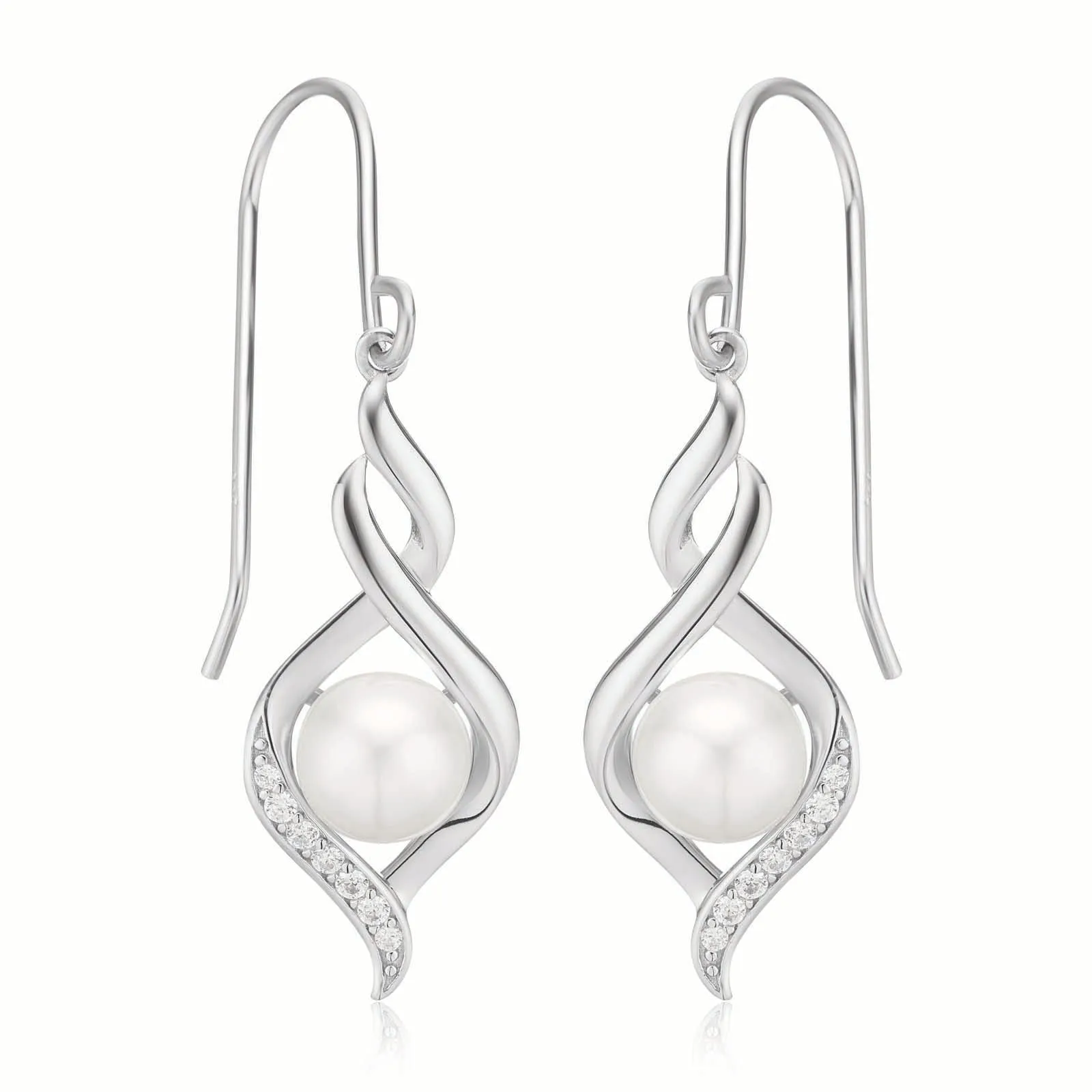 Sterling Silver  Button 6.5-7 mm White Fresh Water Pearl Cubic Zirconia Drop Earrings