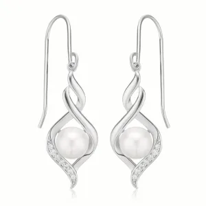 Sterling Silver  Button 6.5-7 mm White Fresh Water Pearl Cubic Zirconia Drop Earrings