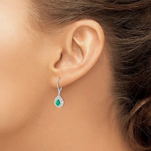 Sterling Silver Genuine Emerald Pear Teardrop Filigree Lever Back Earrings