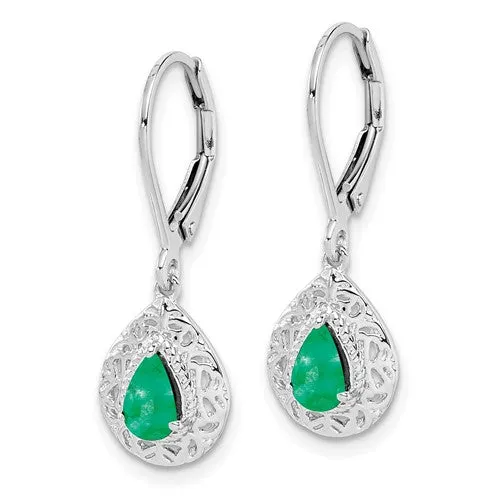 Sterling Silver Genuine Emerald Pear Teardrop Filigree Lever Back Earrings