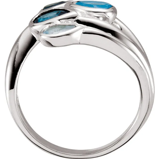 Sterling Silver Sky Blue, London Blue & Swiss Blue Topaz Bypass Ring