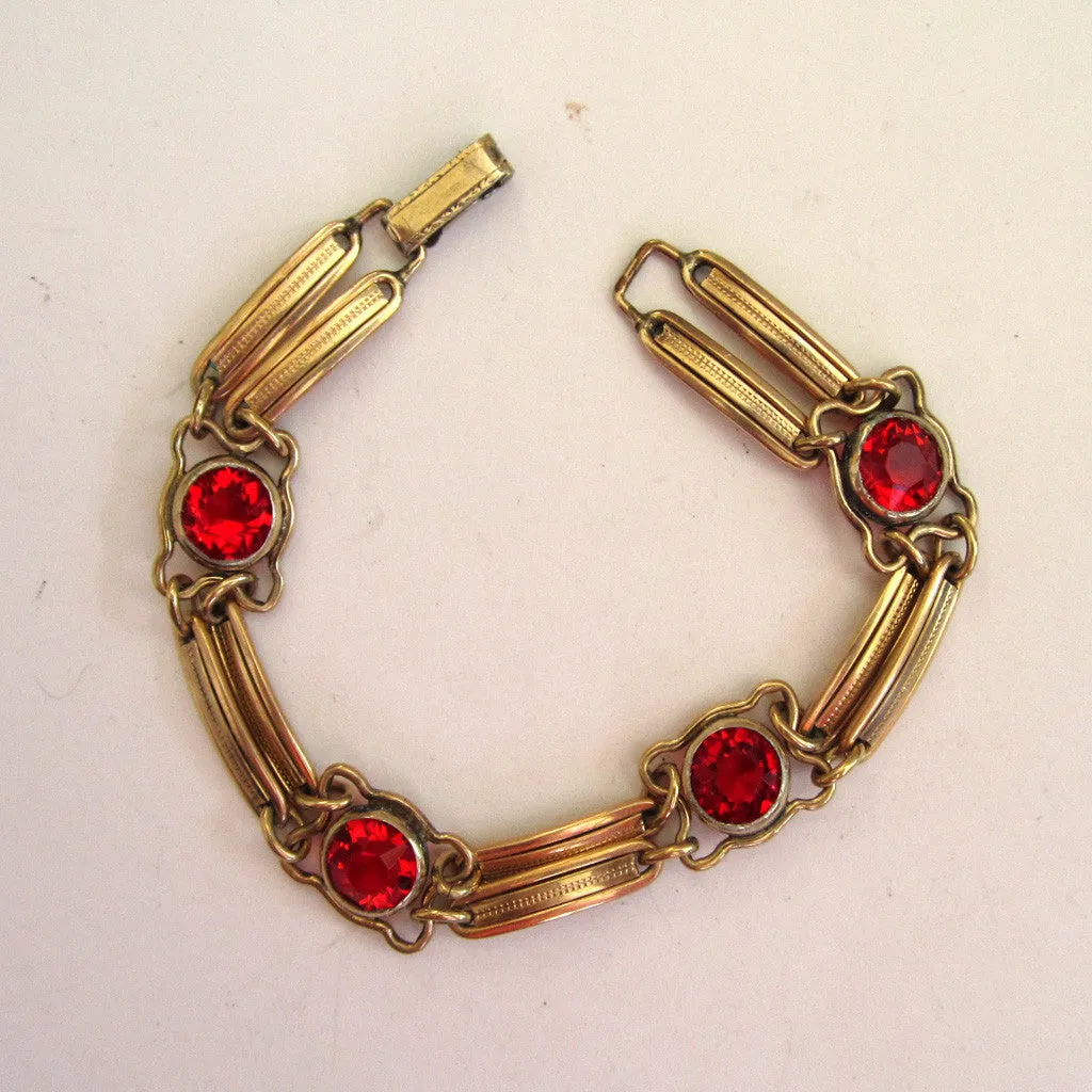 Sterling Silver Vermeil 1/20 12K Gold Red Glass Double Bar Bracelet