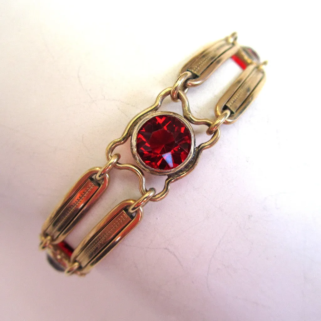 Sterling Silver Vermeil 1/20 12K Gold Red Glass Double Bar Bracelet