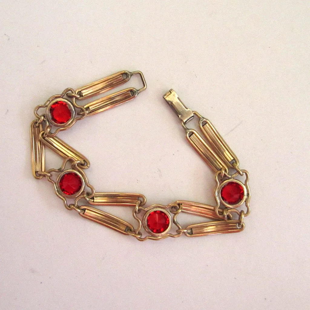 Sterling Silver Vermeil 1/20 12K Gold Red Glass Double Bar Bracelet