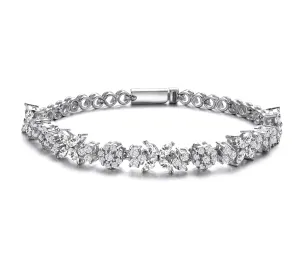 Sterling Silver with Rhodium Plated Clear Round and Marquise Cubic Zirconia Cluster Flower-Inspired Tennis Bracelet