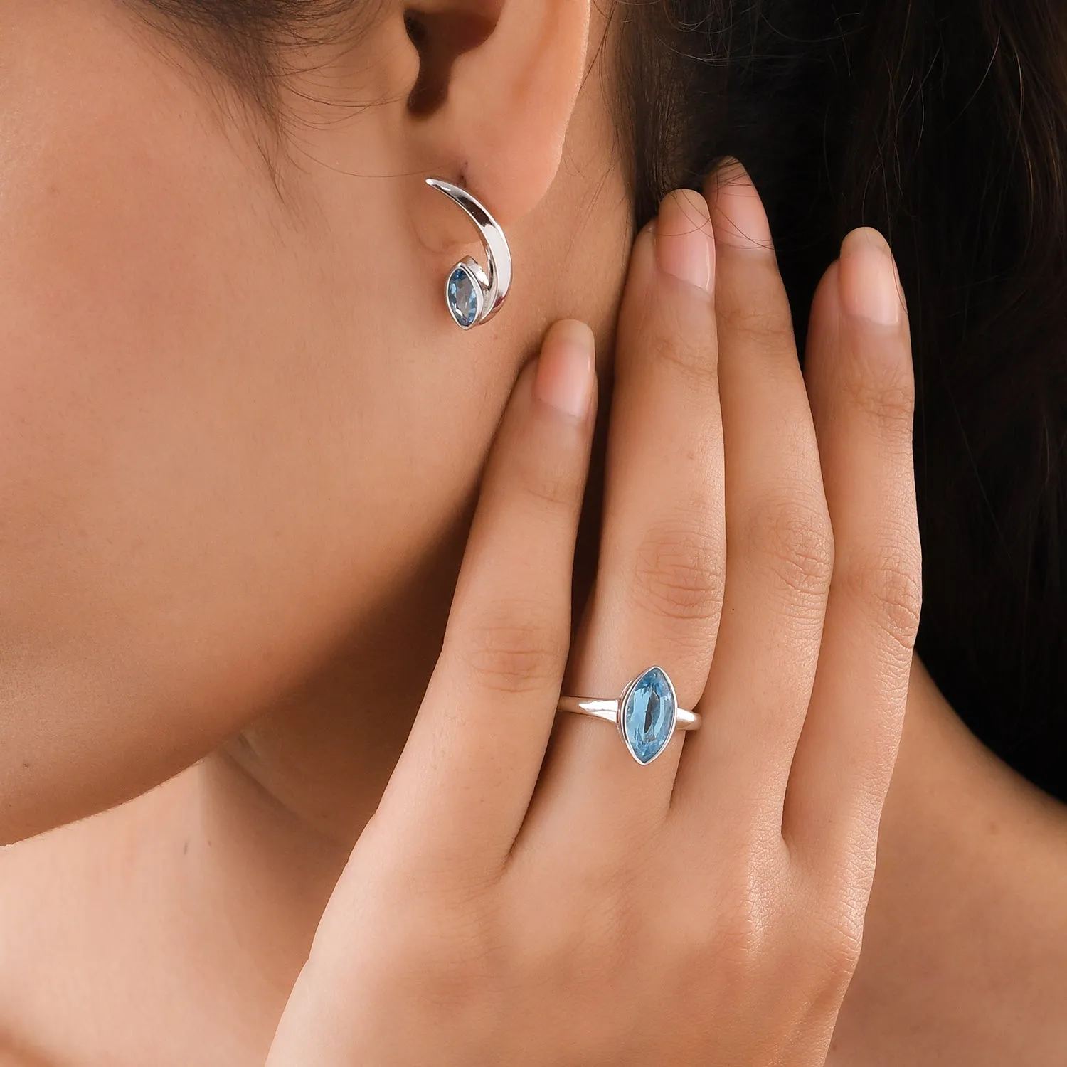 Surf Moon Ring with Swiss Blue Topaz