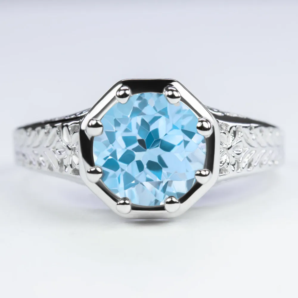 SWISS BLUE TOPAZ STERLING SILVER RING VINTAGE STYLE ART DECO SOLITAIRE ROUND CUT