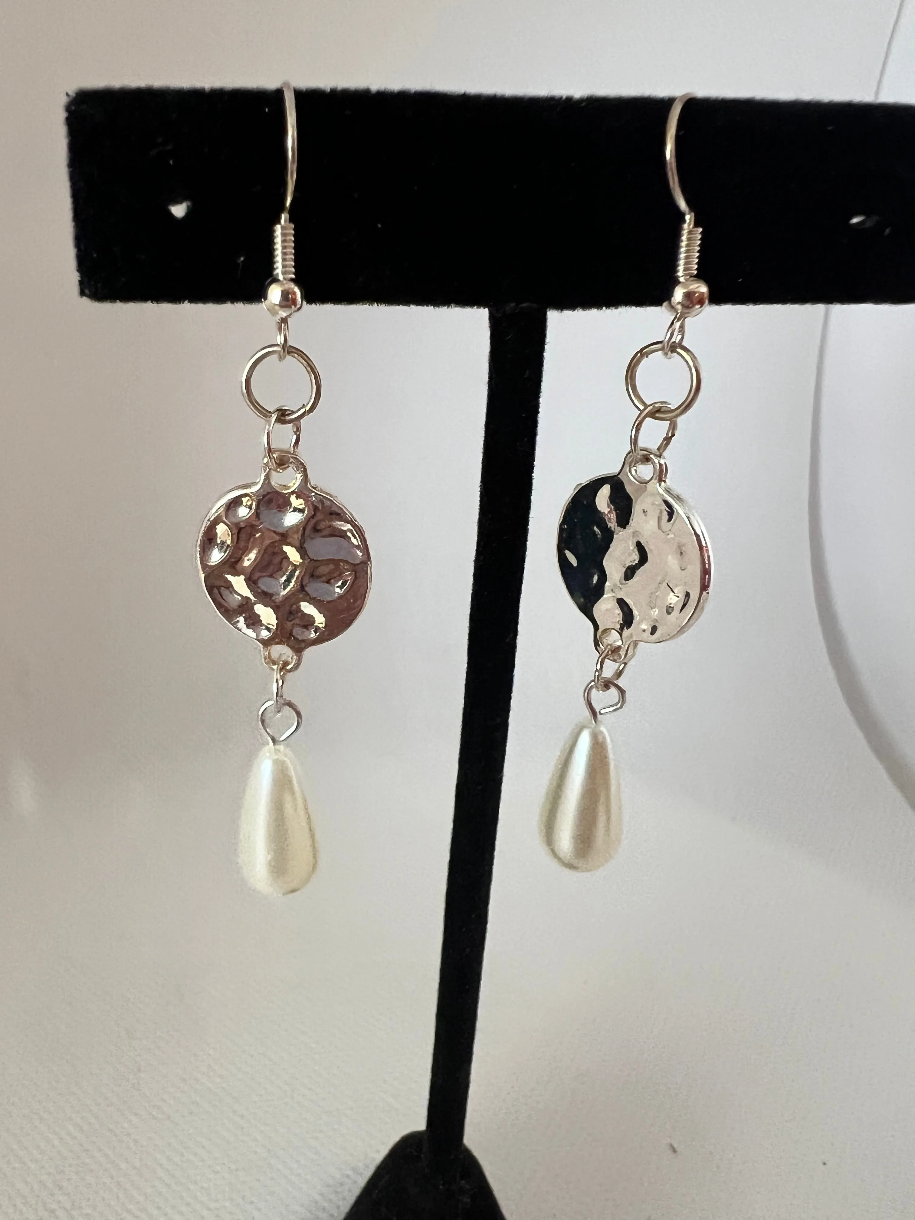 Teardrop Pearl and Siler Textured Earrings