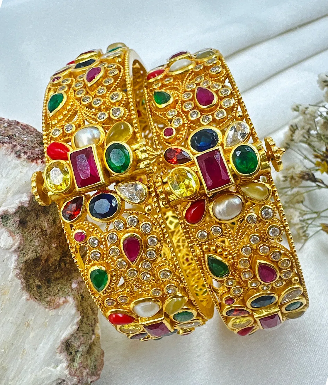 The Samanvaya Silver Navratna Openable Kada Bracelet (Size 2.4)