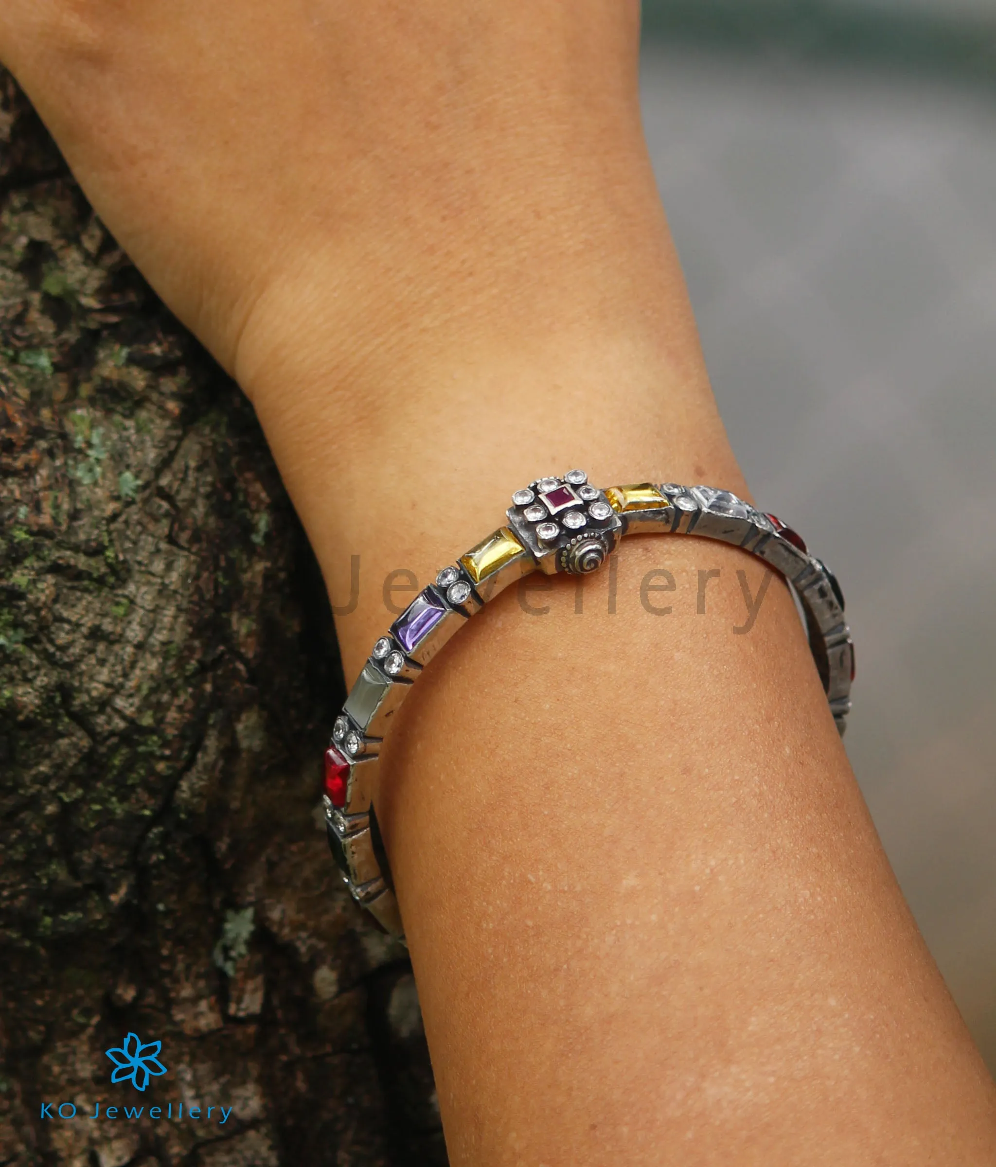 The Sattva Silver Navratna Bracelet (Oxidised/Size 2.8)