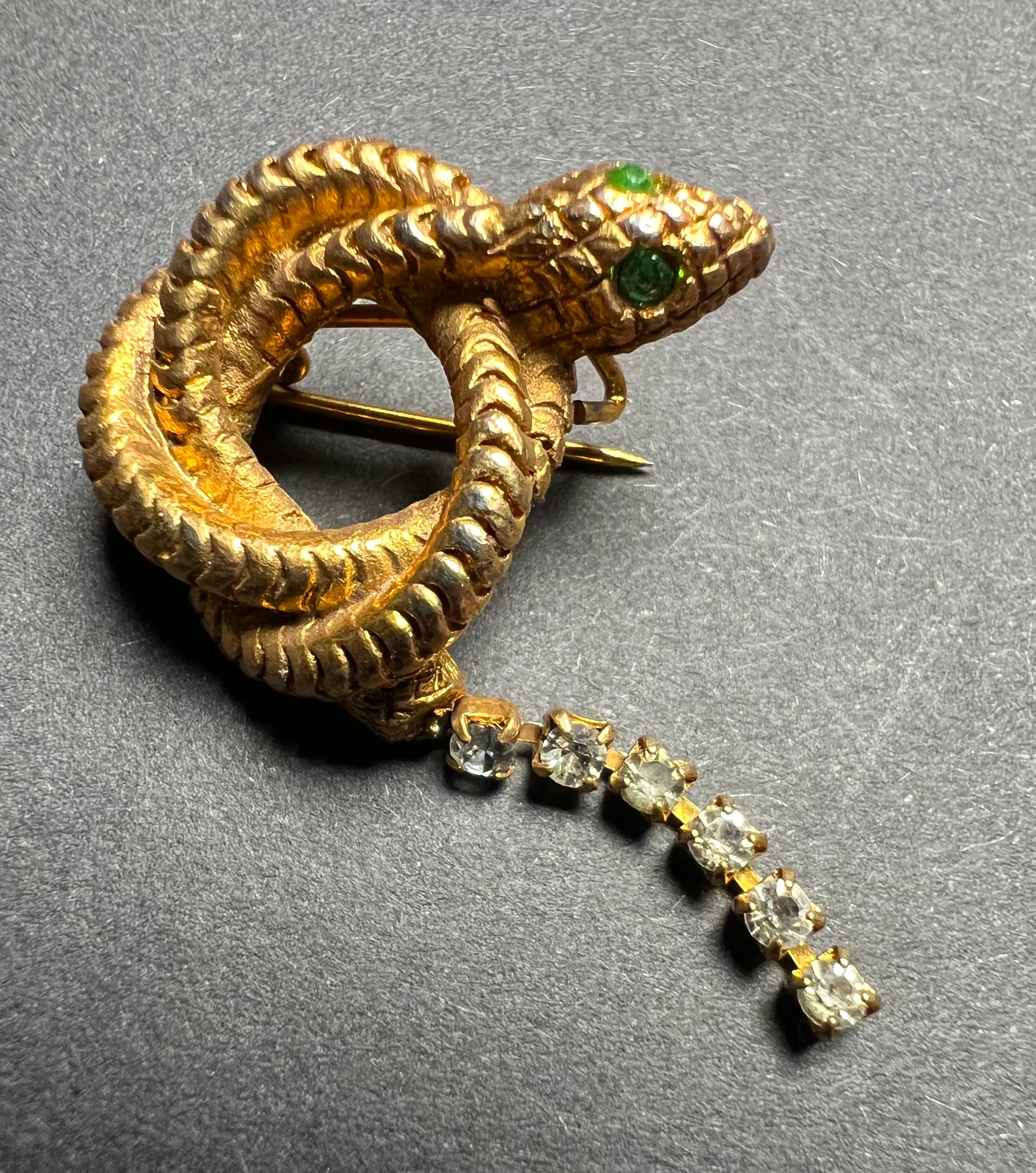 Unusual 1940s Snake Brooch With Diamante Tail and green Crystal Eyes.