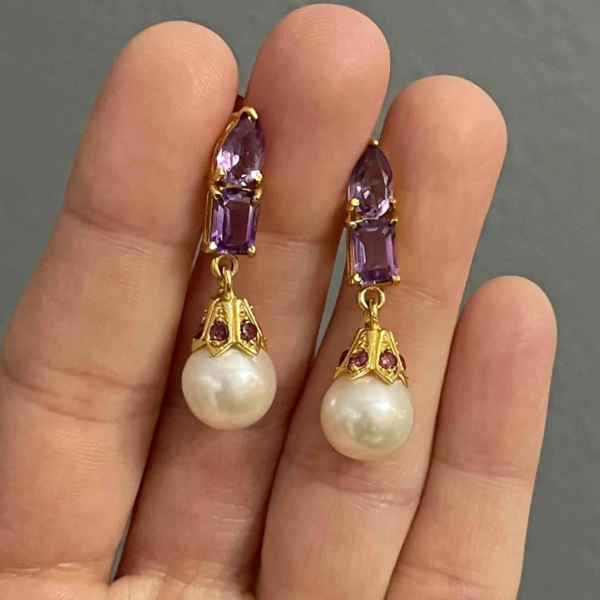 Vintage Amethyst Pearl Stud Drop Earrings