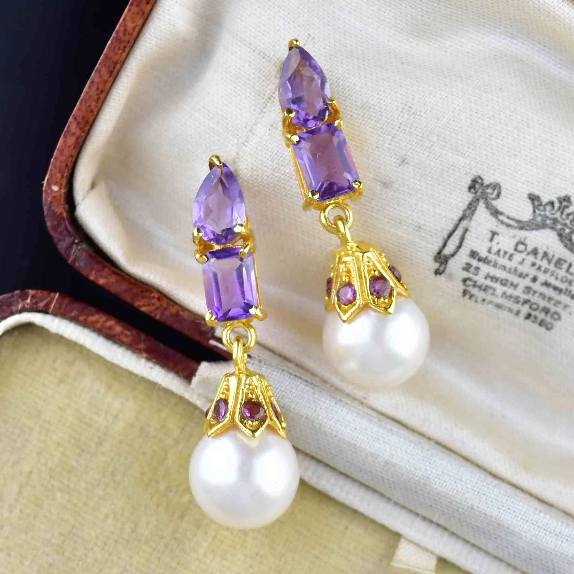 Vintage Amethyst Pearl Stud Drop Earrings