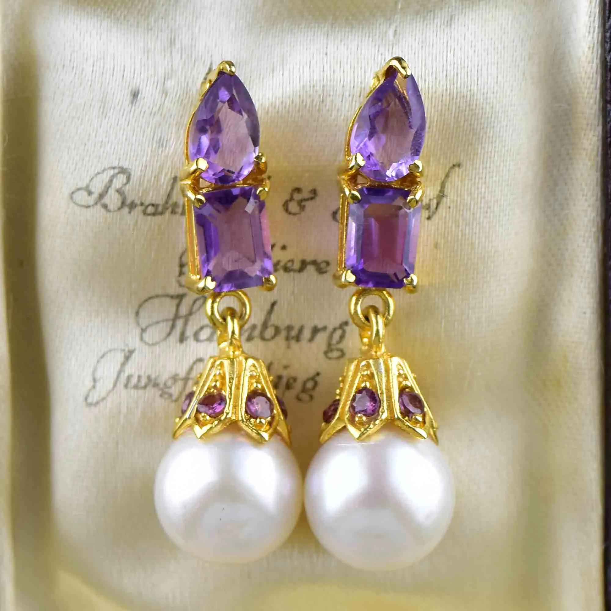 Vintage Amethyst Pearl Stud Drop Earrings