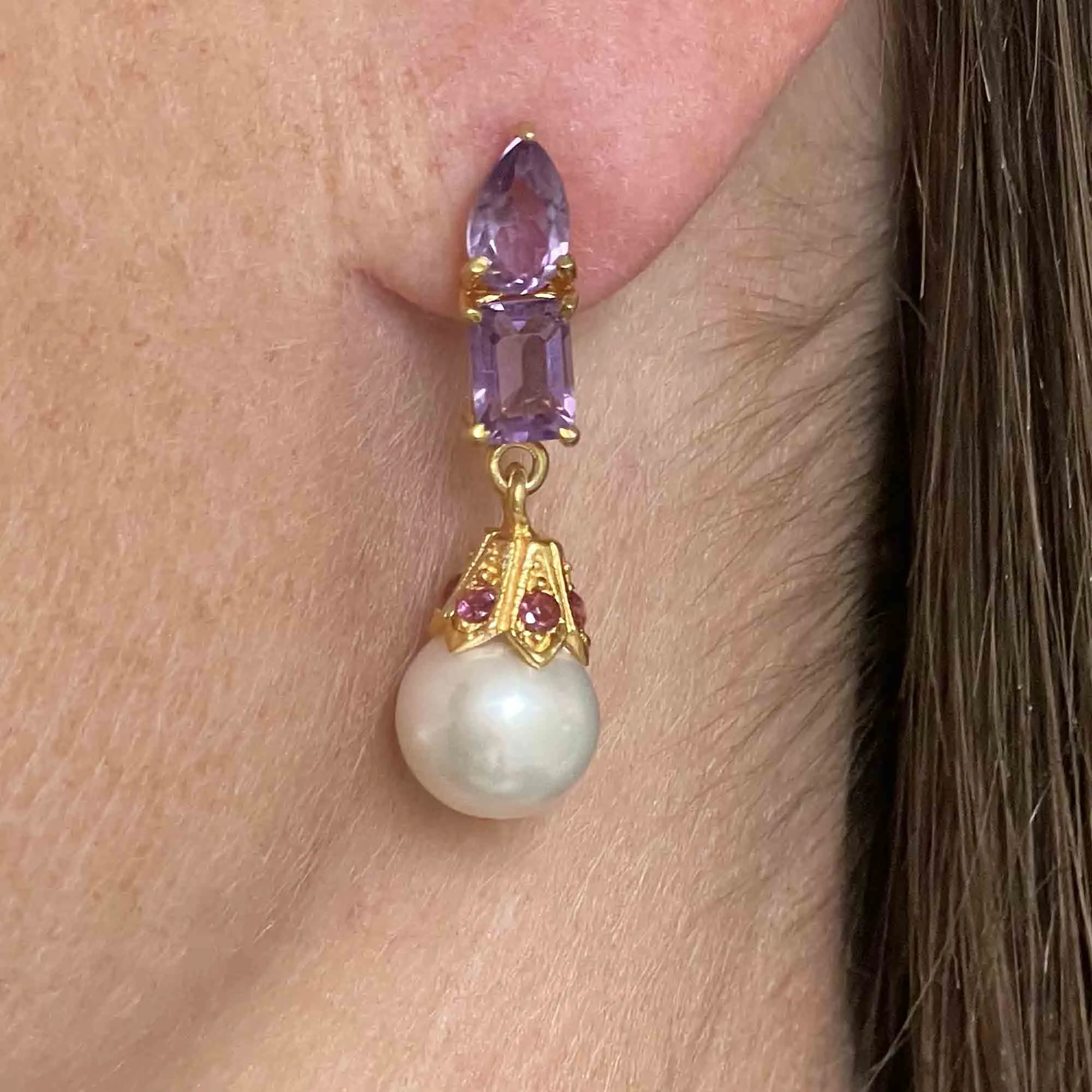 Vintage Amethyst Pearl Stud Drop Earrings