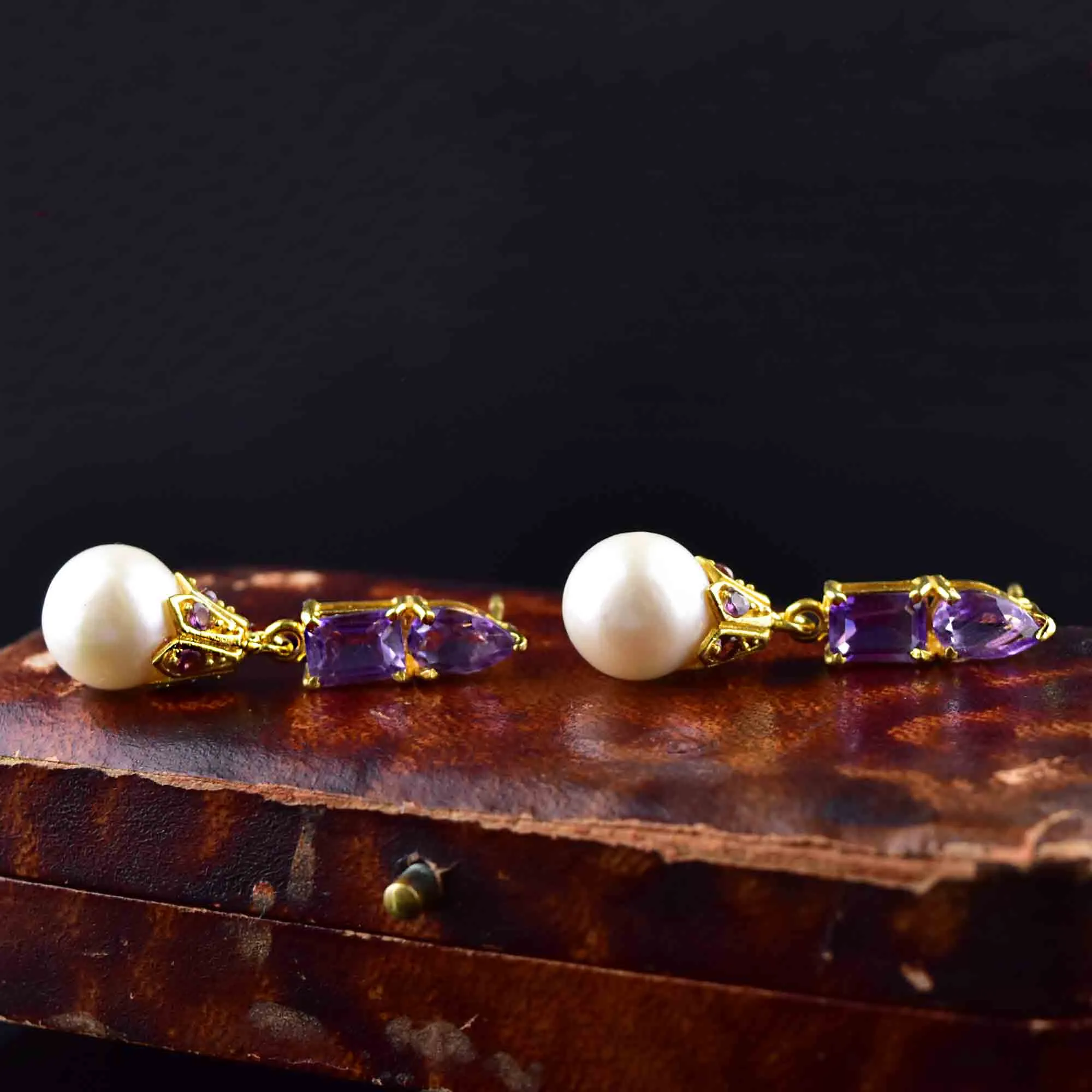 Vintage Amethyst Pearl Stud Drop Earrings