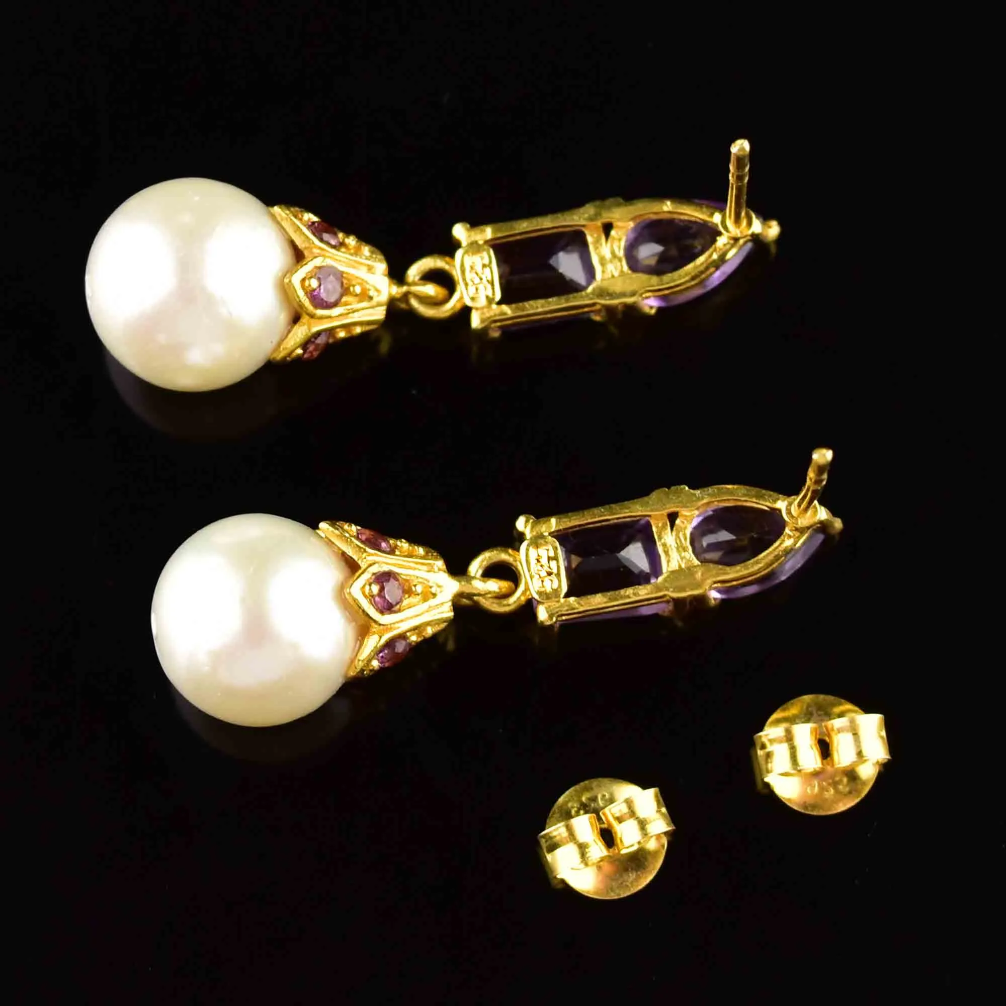 Vintage Amethyst Pearl Stud Drop Earrings