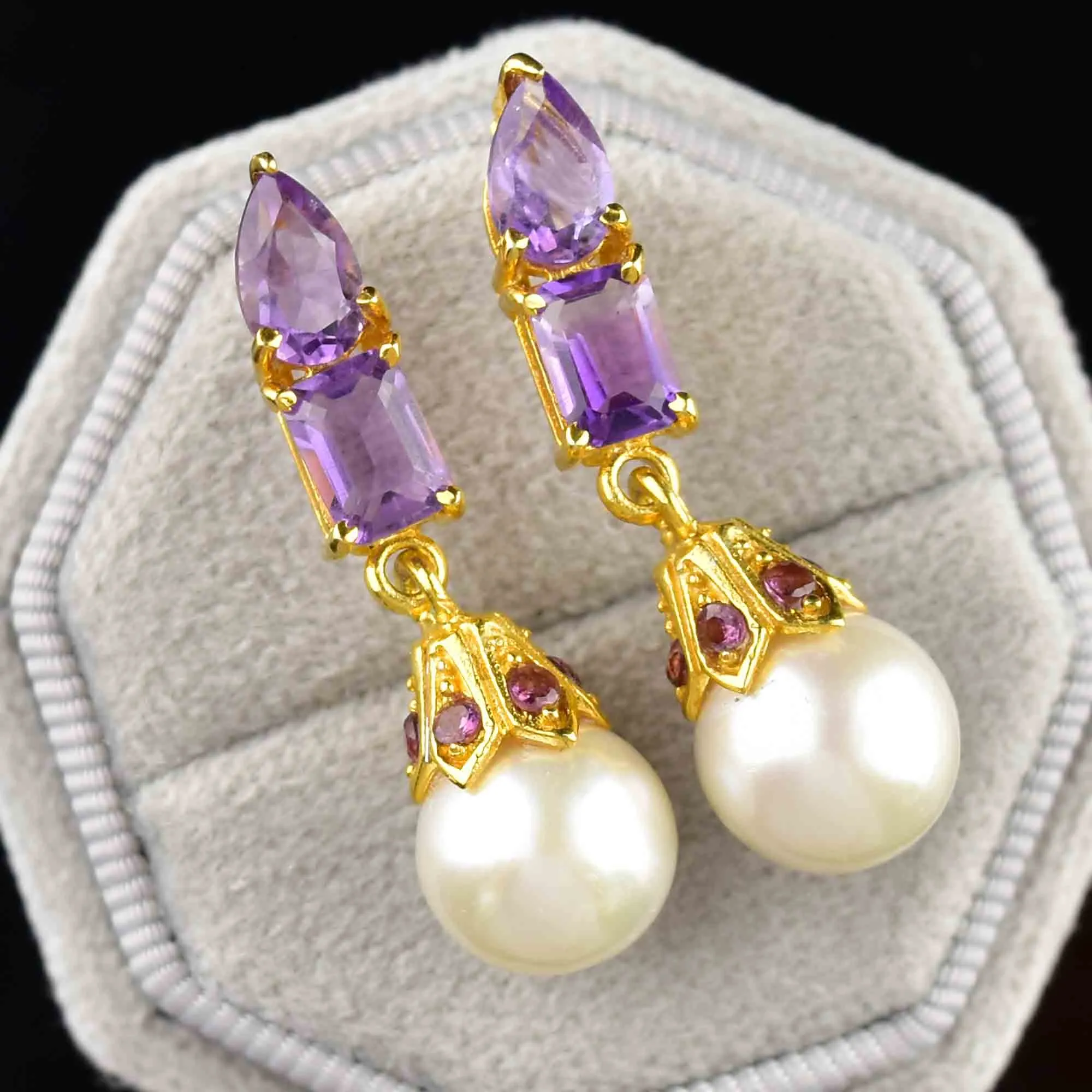 Vintage Amethyst Pearl Stud Drop Earrings