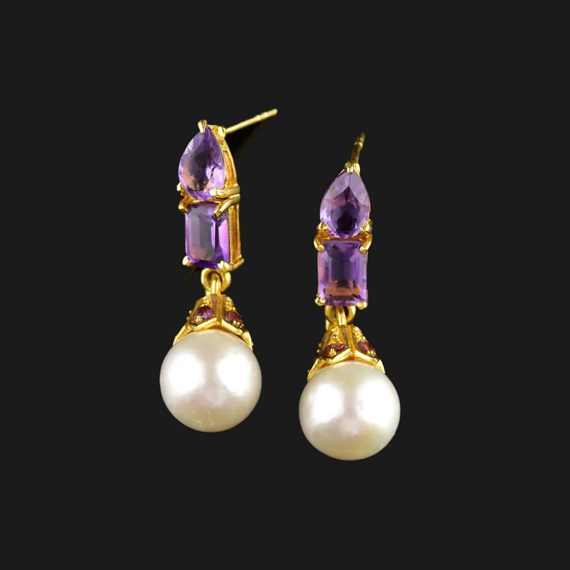 Vintage Amethyst Pearl Stud Drop Earrings