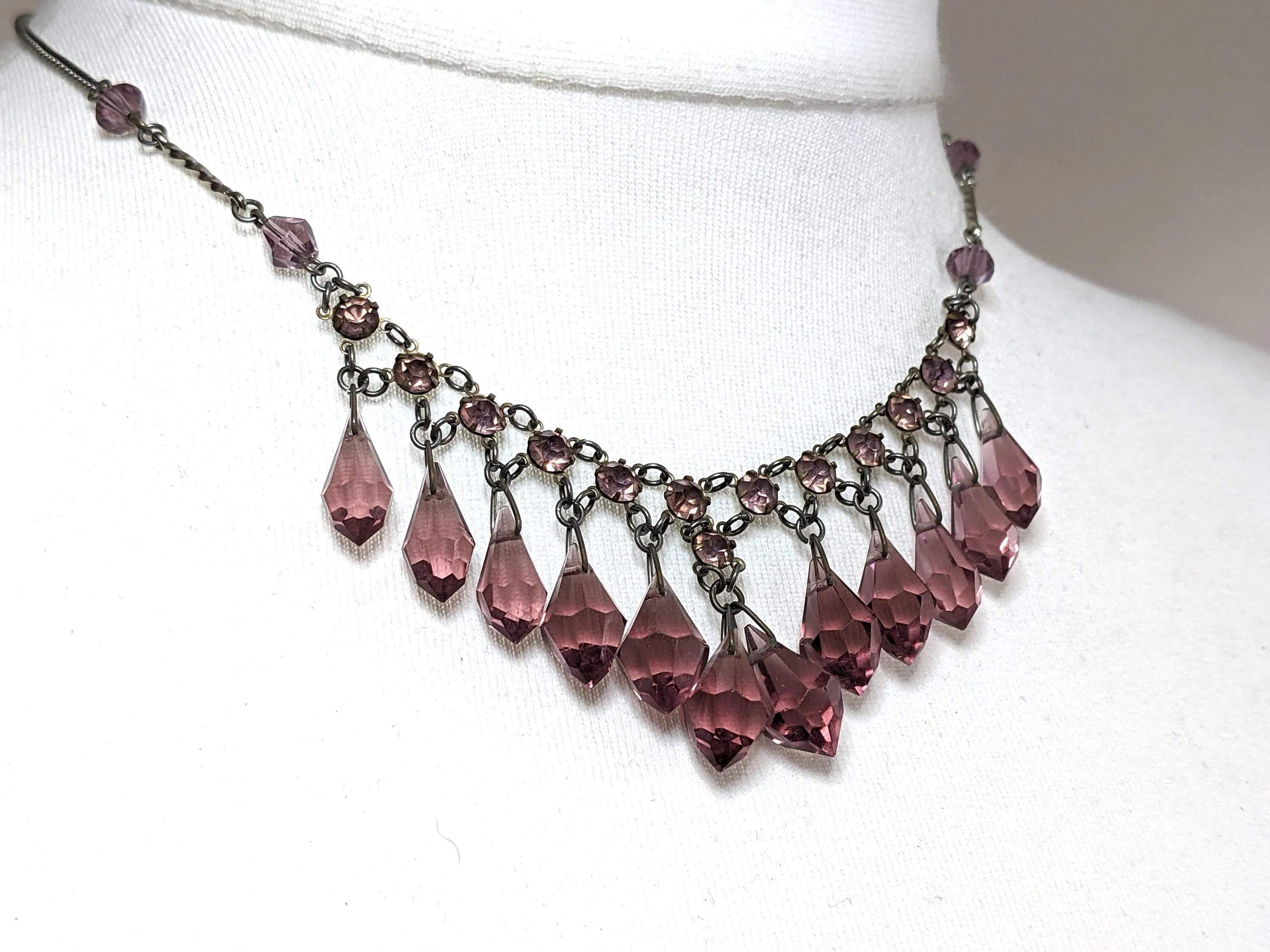 Vintage Art Deco crystal rhinestone delicate fringe necklace, amethyst purple