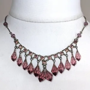 Vintage Art Deco crystal rhinestone delicate fringe necklace, amethyst purple