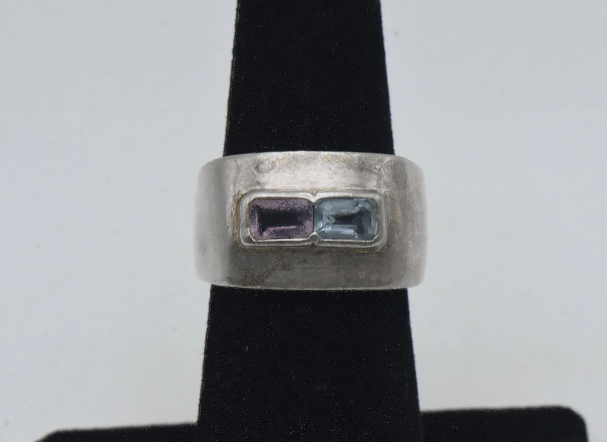 Vintage Blue Topaz and Amethyst Sterling Silver Ring - Size 5.75