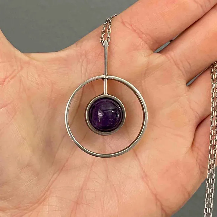 Vintage Modernist Amethyst Cabochon Target Pendant - 925 Solid Sterling Silver Necklace