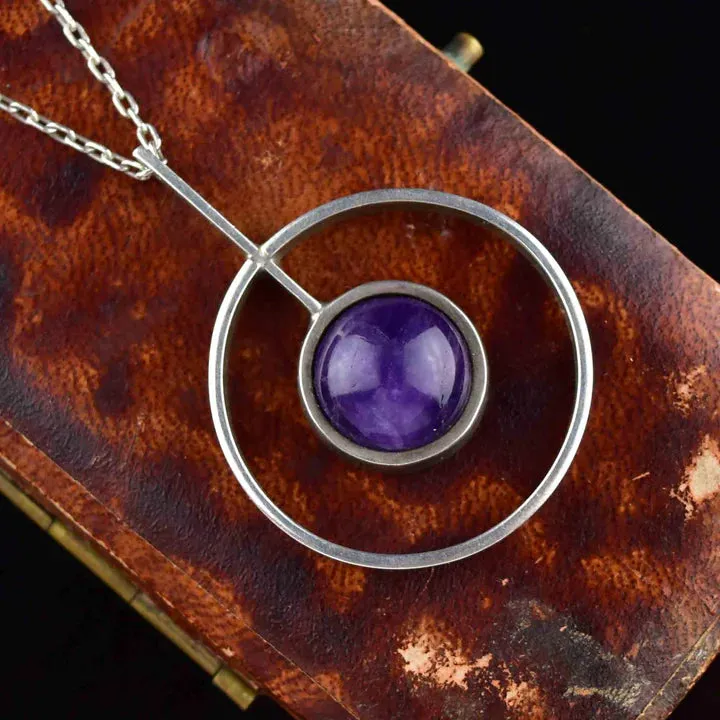 Vintage Modernist Amethyst Cabochon Target Pendant - 925 Solid Sterling Silver Necklace