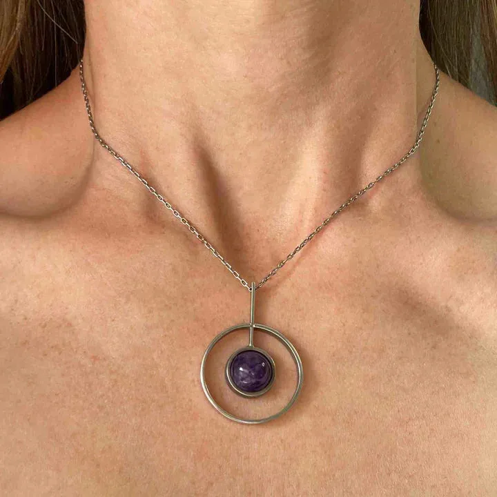 Vintage Modernist Amethyst Cabochon Target Pendant - 925 Solid Sterling Silver Necklace