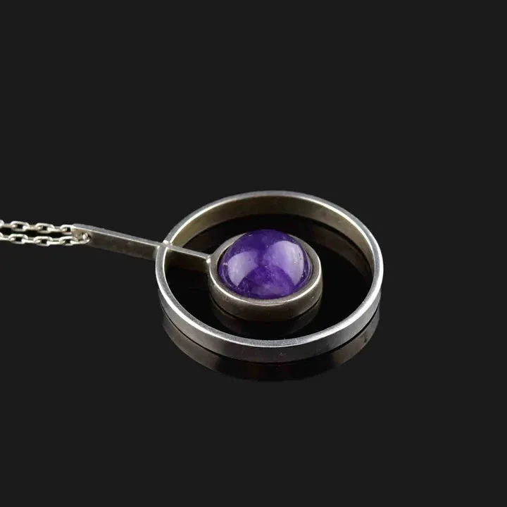 Vintage Modernist Amethyst Cabochon Target Pendant - 925 Solid Sterling Silver Necklace