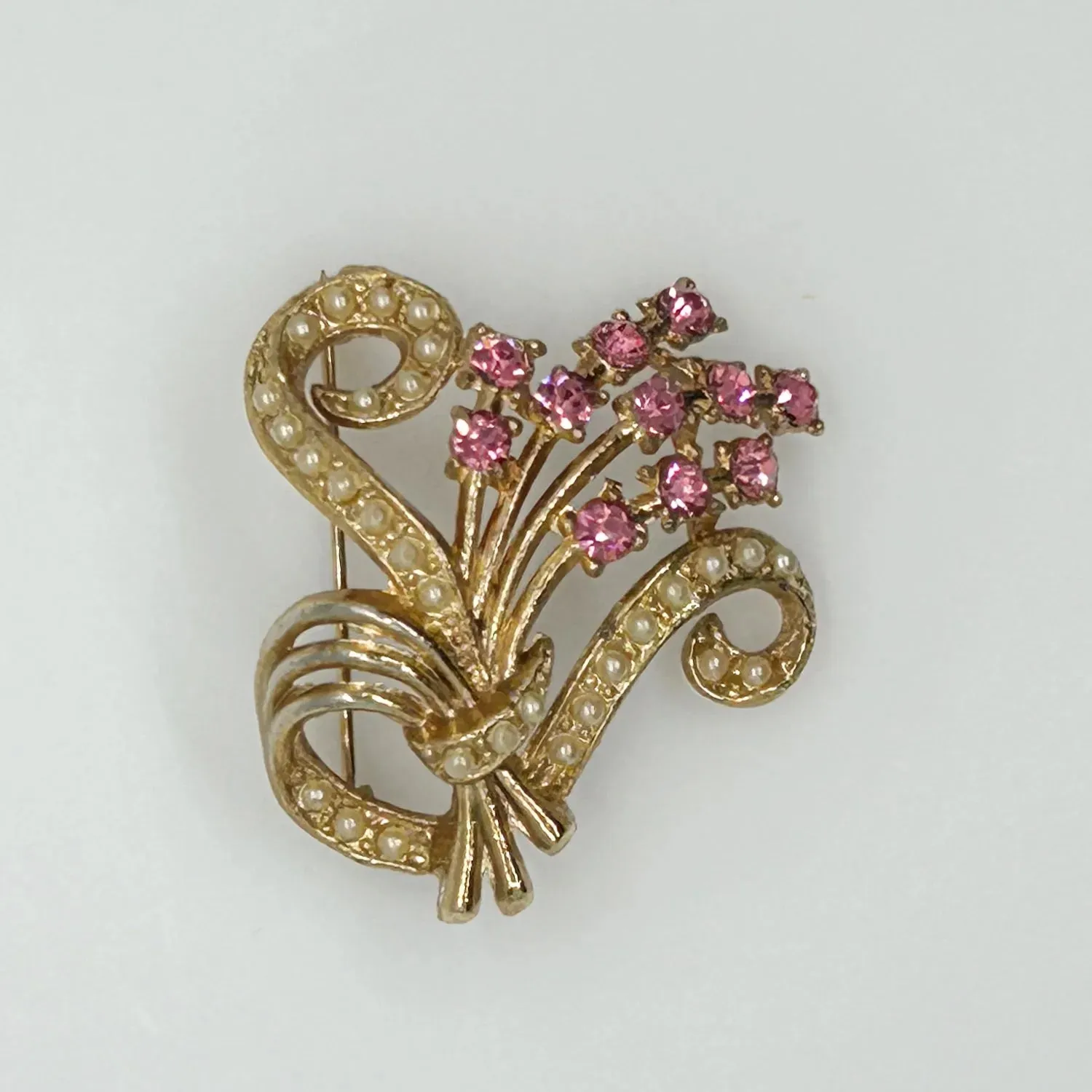 Vintage Pink Rhinestone and Faux Pearl Floral Brooch