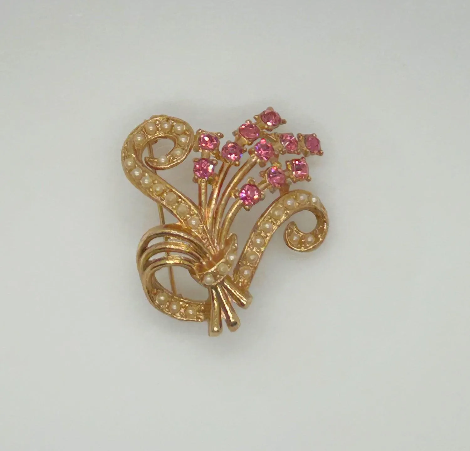 Vintage Pink Rhinestone and Faux Pearl Floral Brooch