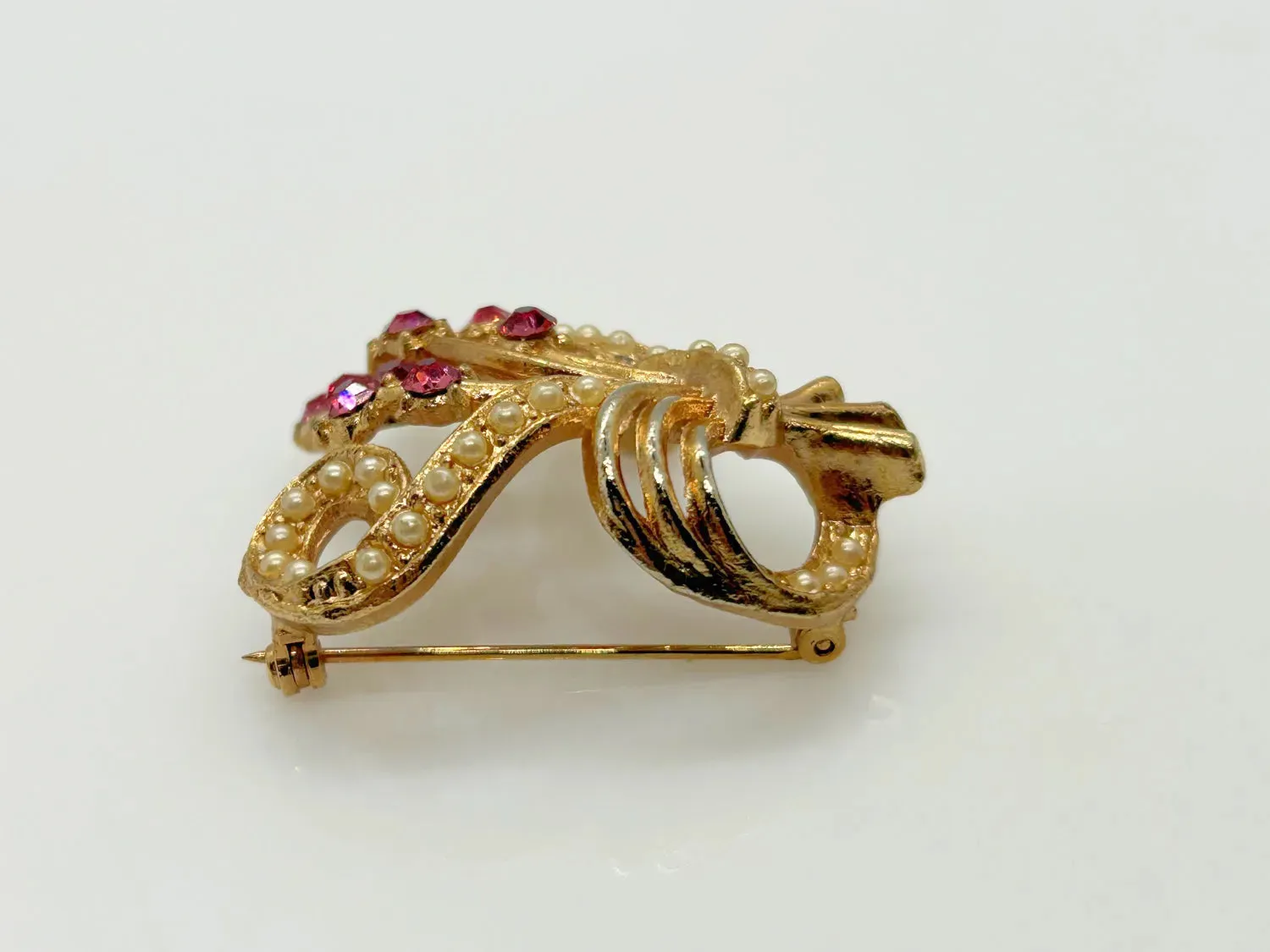 Vintage Pink Rhinestone and Faux Pearl Floral Brooch