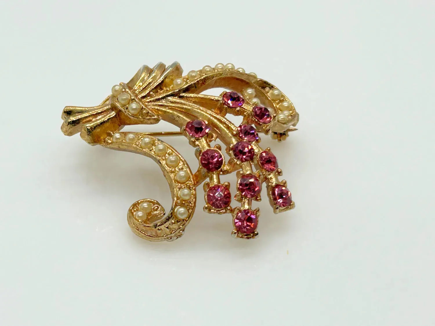 Vintage Pink Rhinestone and Faux Pearl Floral Brooch