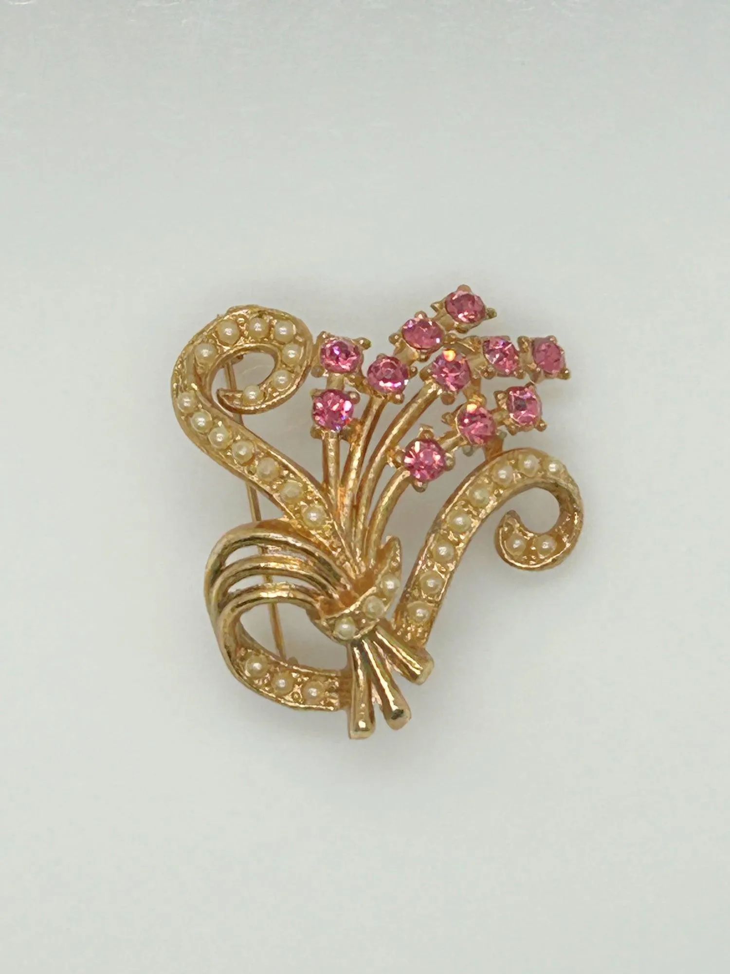 Vintage Pink Rhinestone and Faux Pearl Floral Brooch