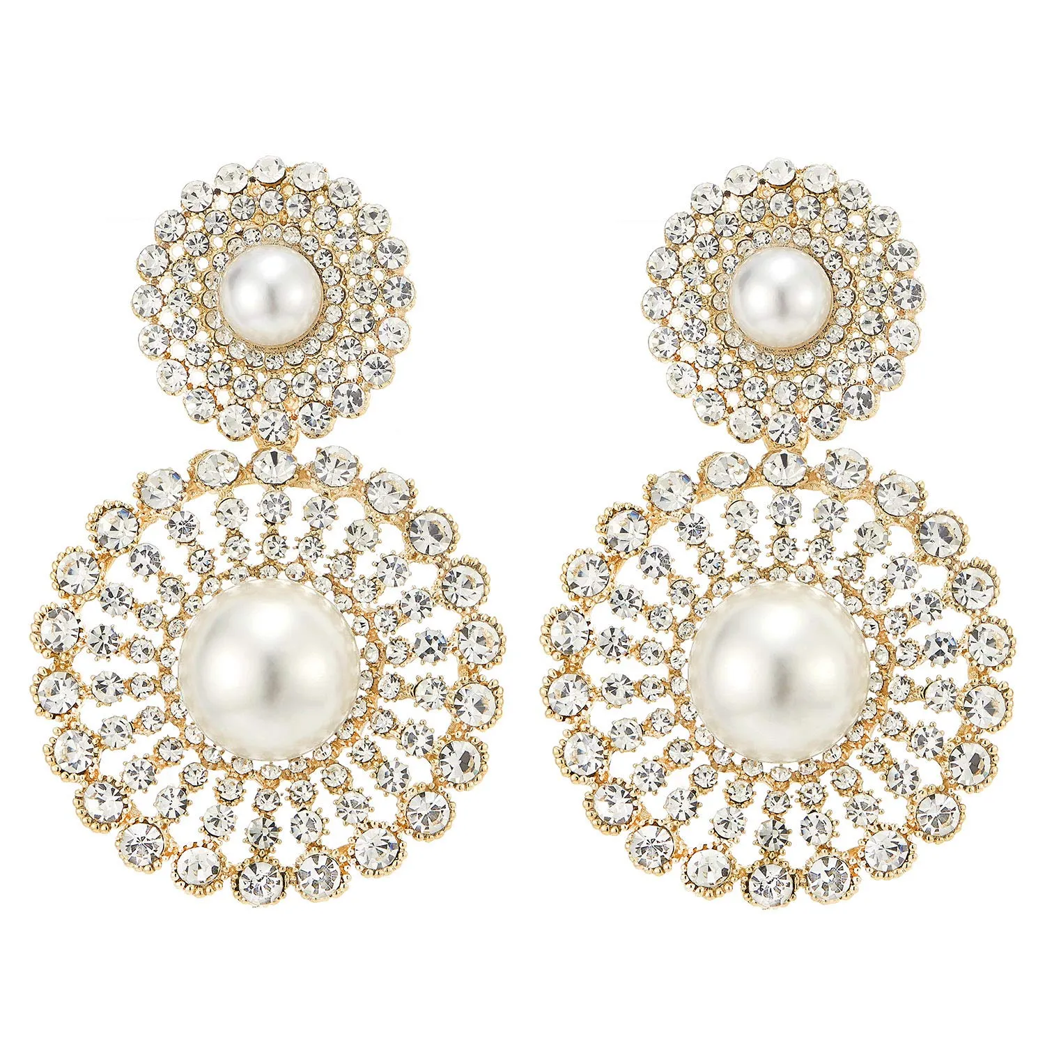 Wedding Rhinestone Synthetic Pearl Cluster Large Circle Flowers Long Drop Statement Earrings Elegant