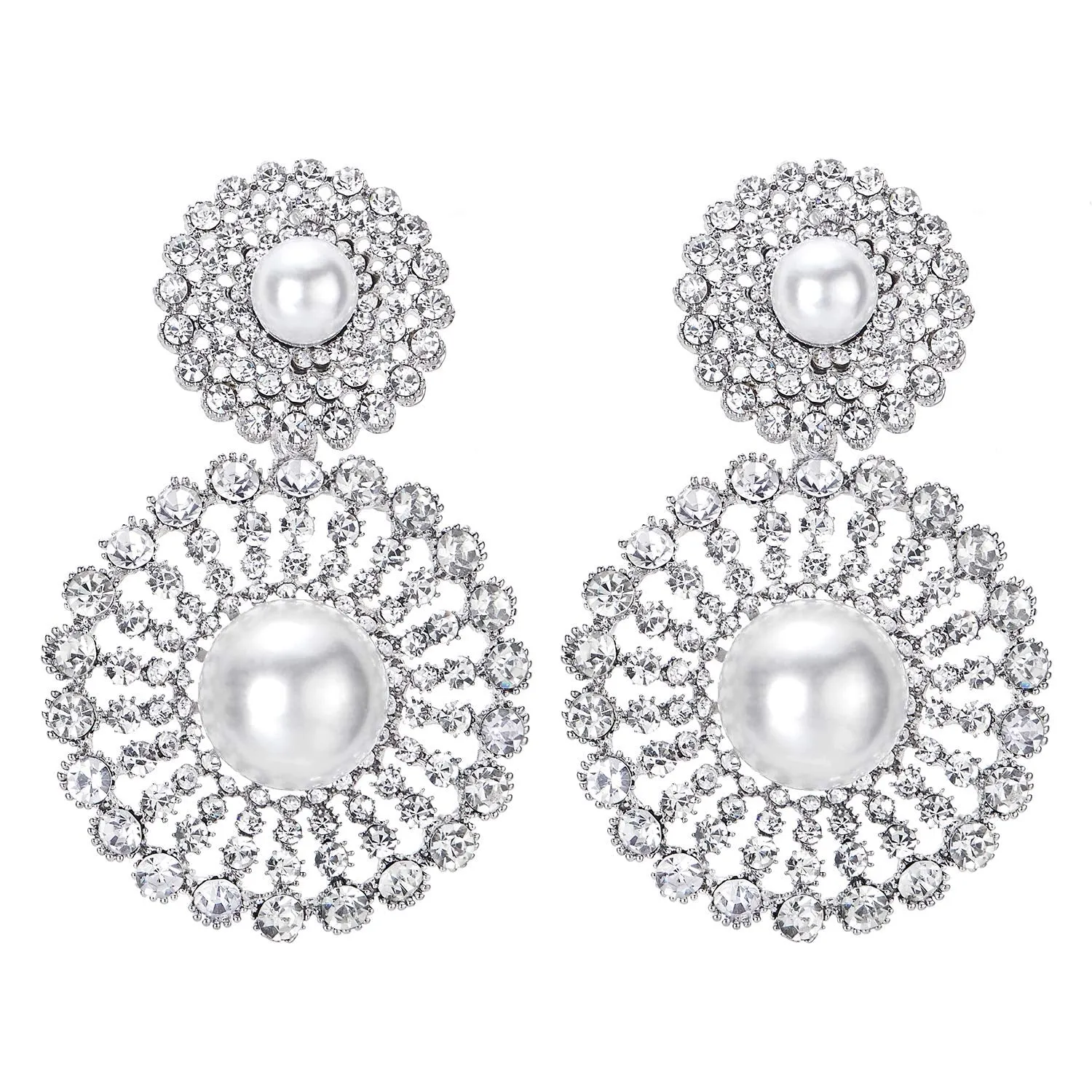 Wedding Rhinestone Synthetic Pearl Cluster Large Circle Flowers Long Drop Statement Earrings Elegant