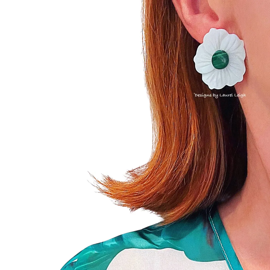 White & Green Malachite MOP Floral Studs