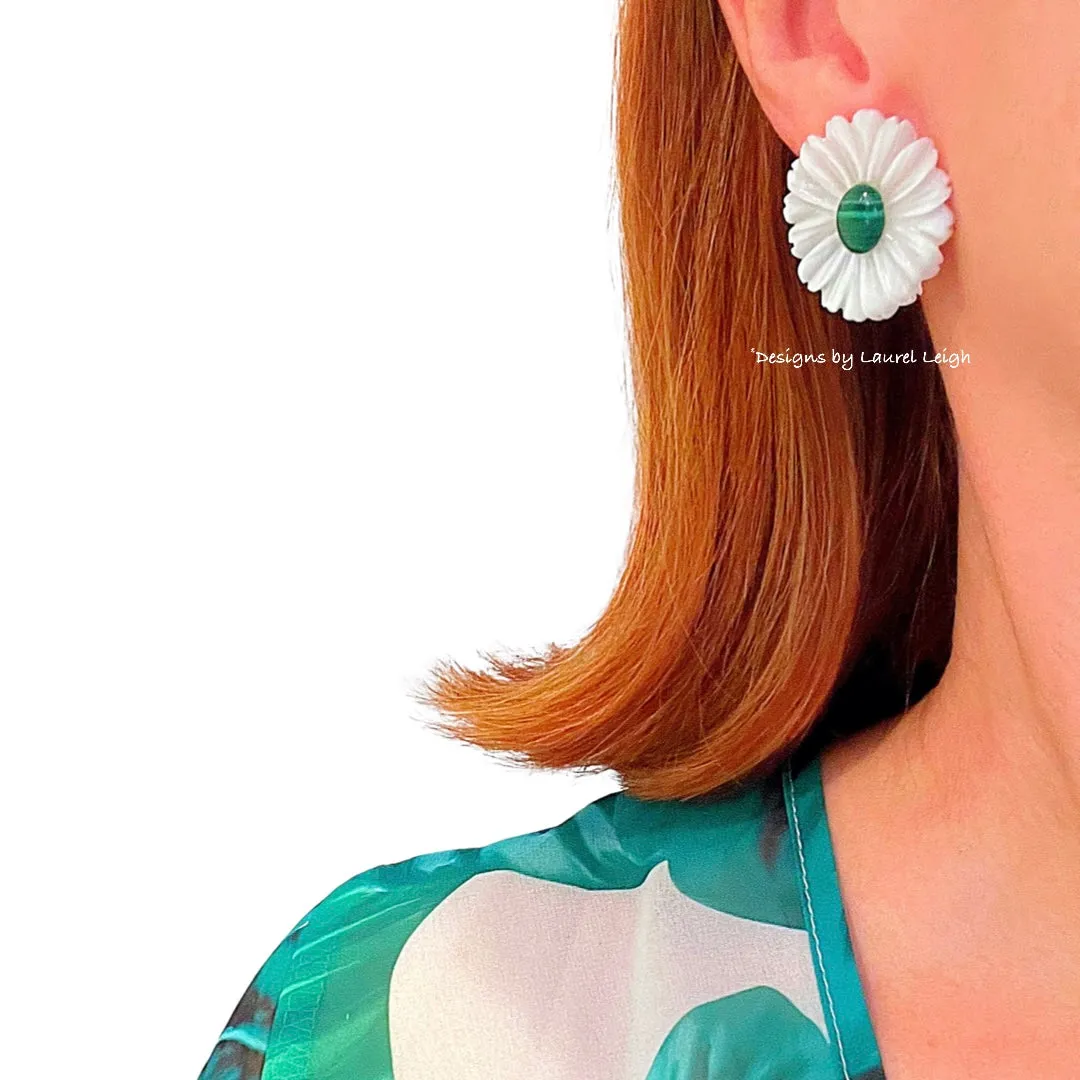 White & Green Malachite MOP Floral Studs