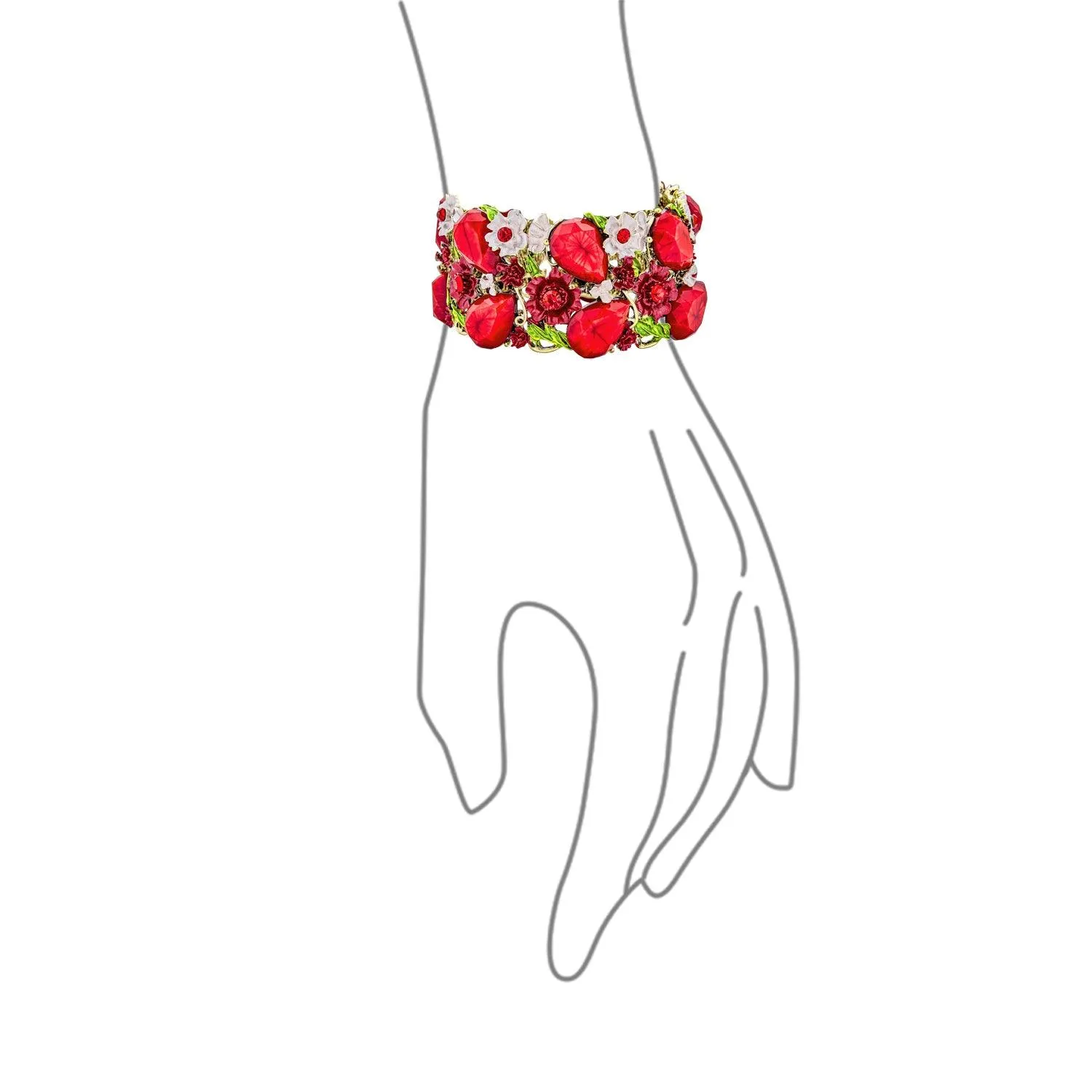 Wide Red Crystal Flower Cuff Bracelet in Oxidized Gold Plating Flexible Design