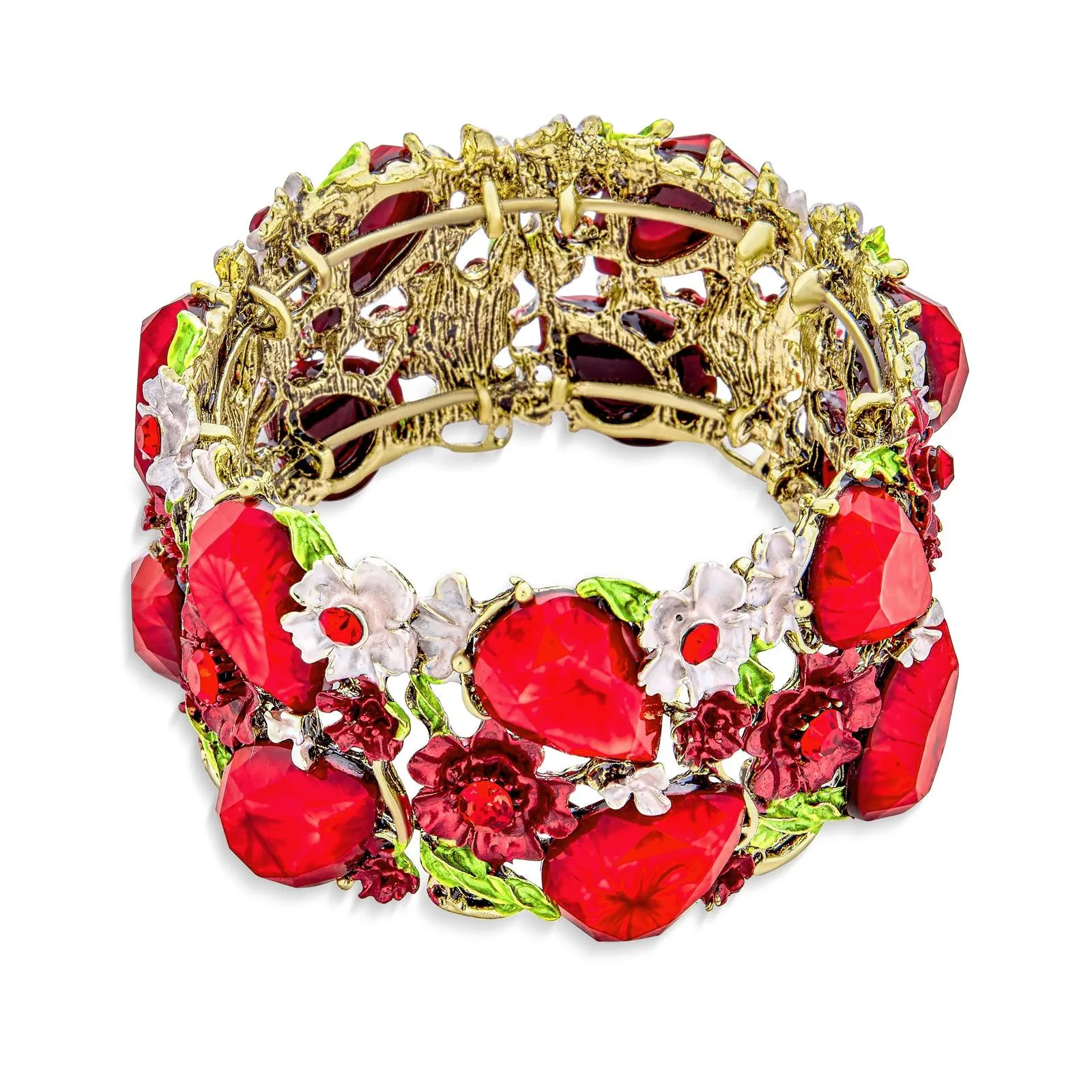 Wide Red Crystal Flower Cuff Bracelet in Oxidized Gold Plating Flexible Design