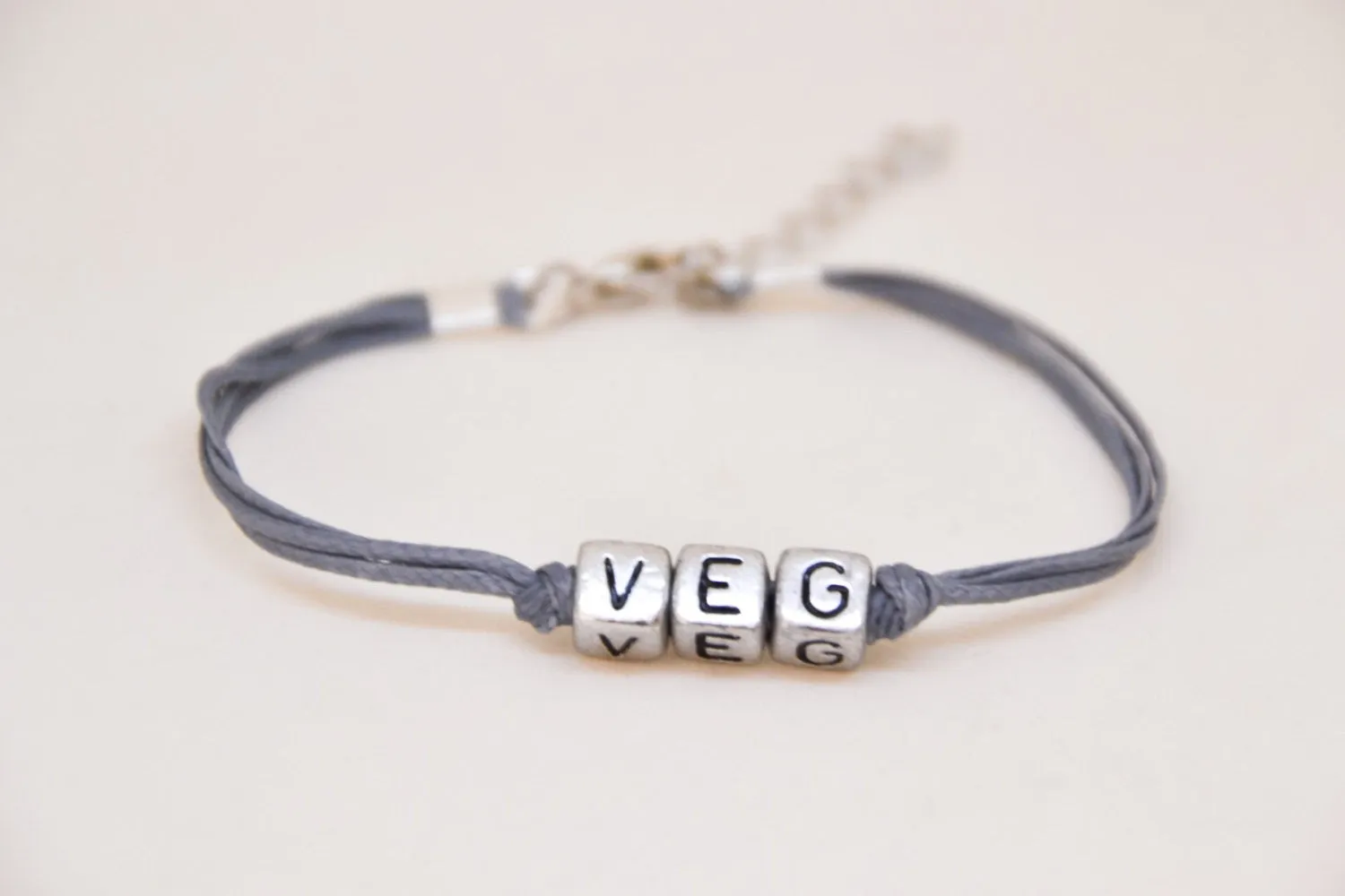 Women bracelet with VEG letters, gray cord, gift for her