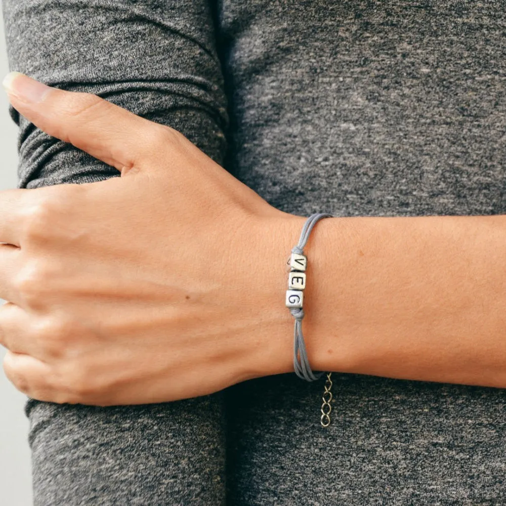 Women bracelet with VEG letters, gray cord, gift for her