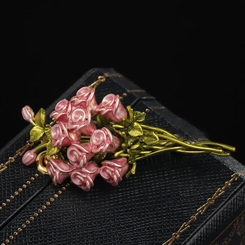 Women's Cute Pink & Green Rose Bouquet Brooch