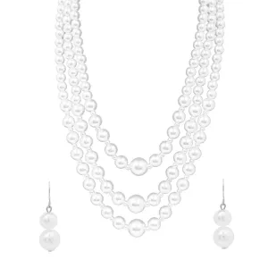 Yellow Chimes Latest Fashion White Pearl Royal Style Multilayer Necklace Set with Earrings for Women & Girls