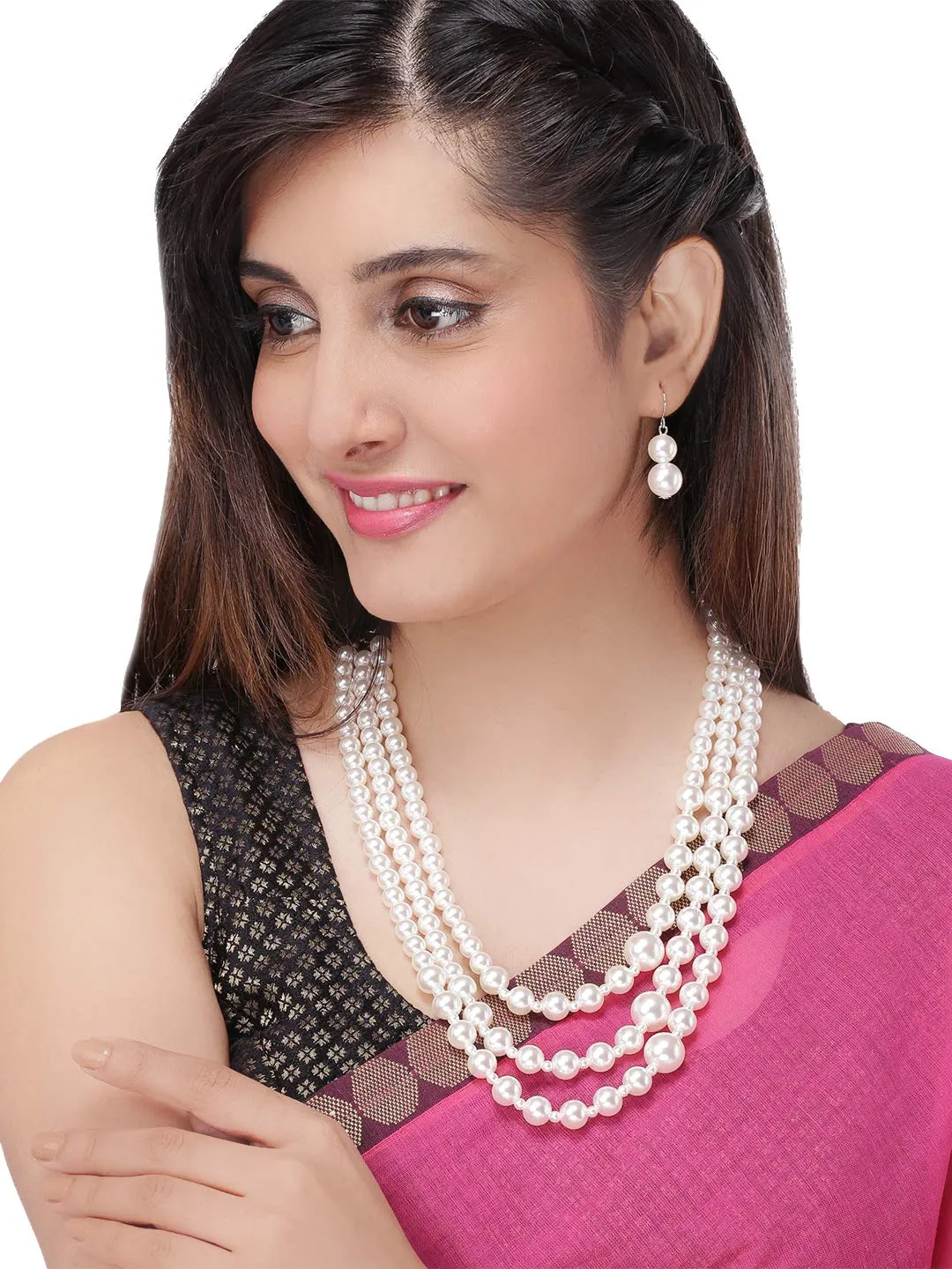 Yellow Chimes Latest Fashion White Pearl Royal Style Multilayer Necklace Set with Earrings for Women & Girls