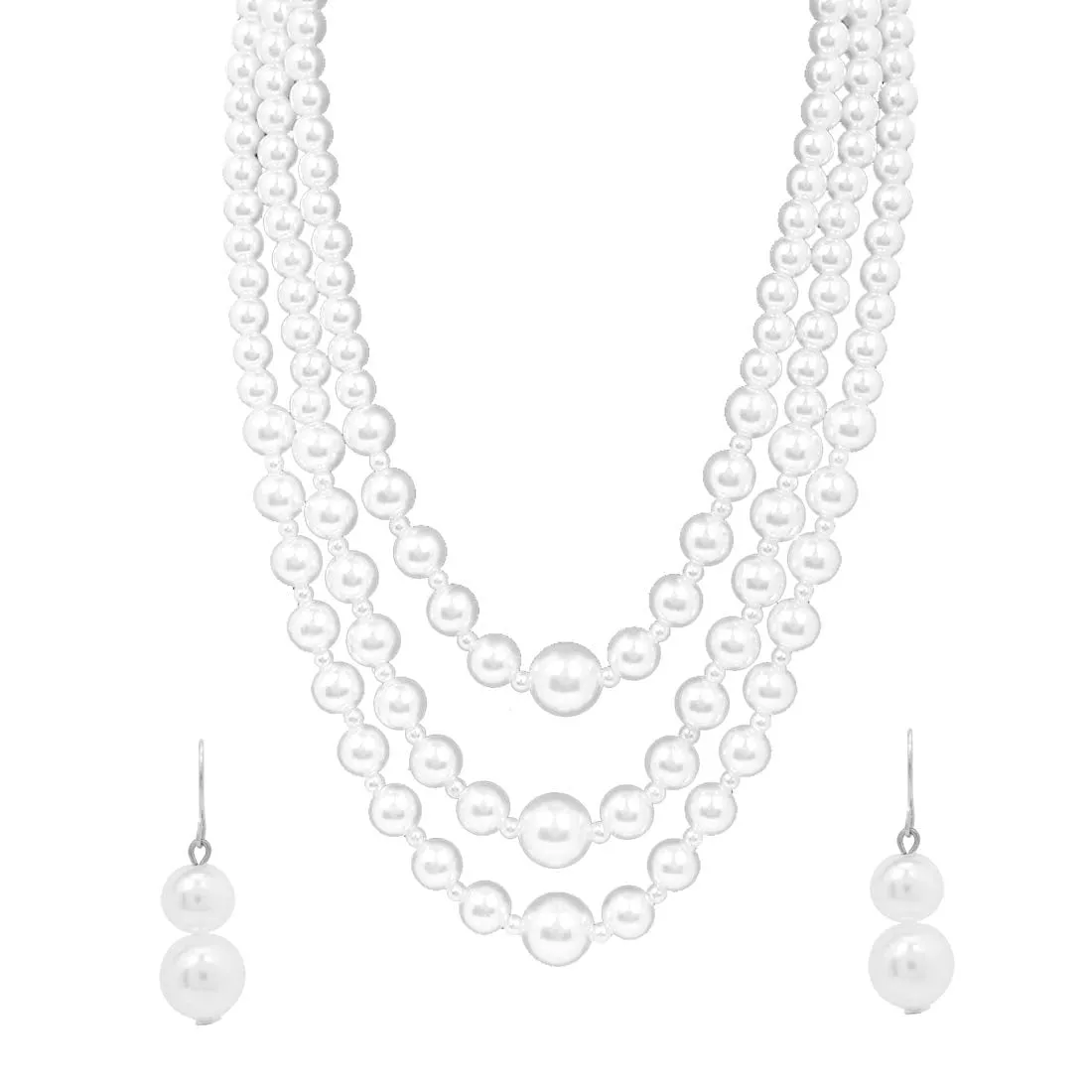 Yellow Chimes Latest Fashion White Pearl Royal Style Multilayer Necklace Set with Earrings for Women & Girls